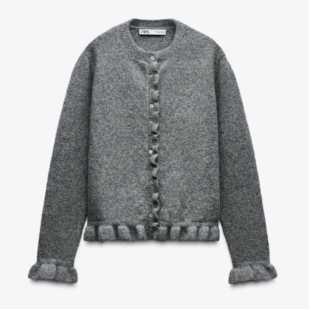 Zara Ruffled Knit Cardigan, Gray, XL